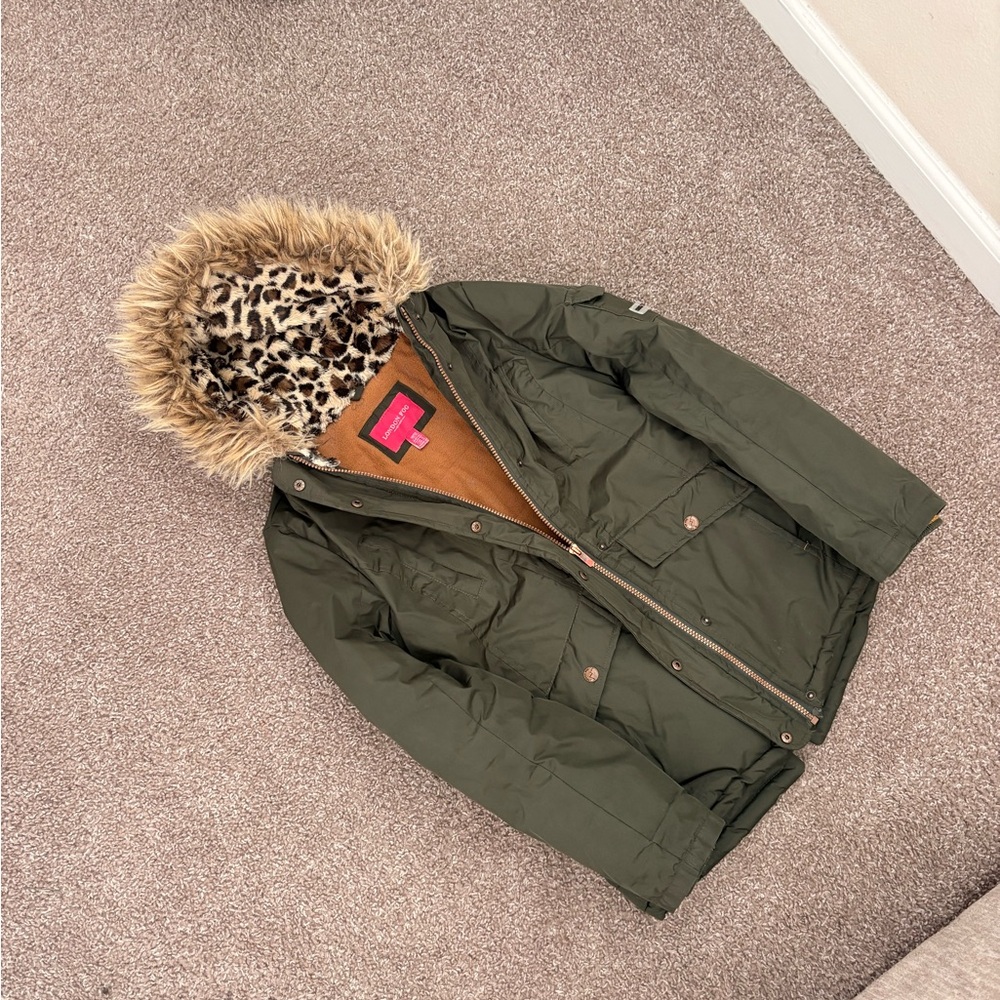 London Fog Olive Puffer with Faux Fur Trim